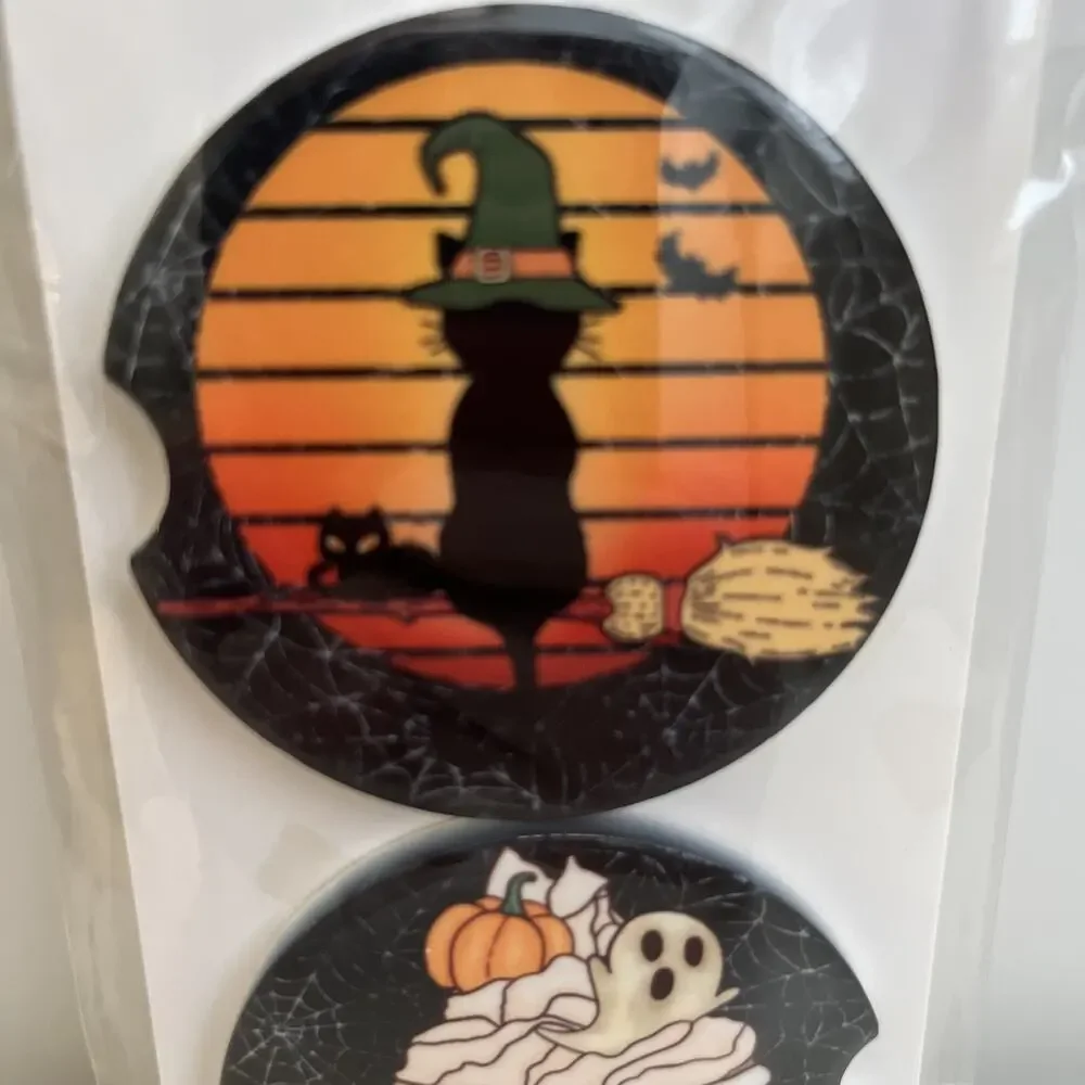 Custom Heat Printed Car Coasters Halloween Fall Designs Set Of 2